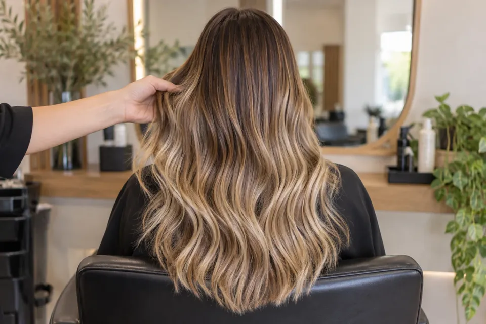 Melena larga con balayage vista de espaldas
