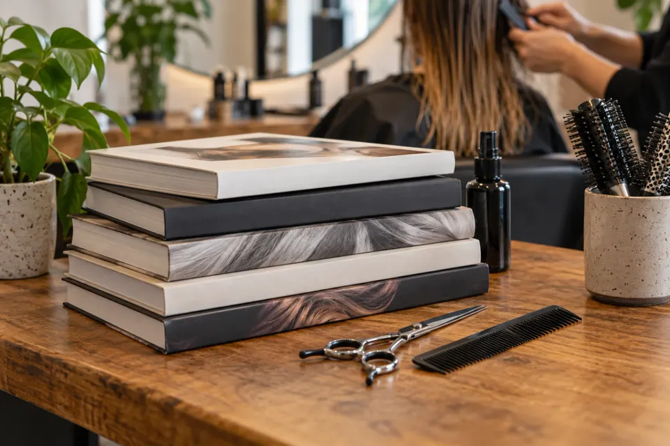 Libros de peluquería junto a tijeras y un peine
