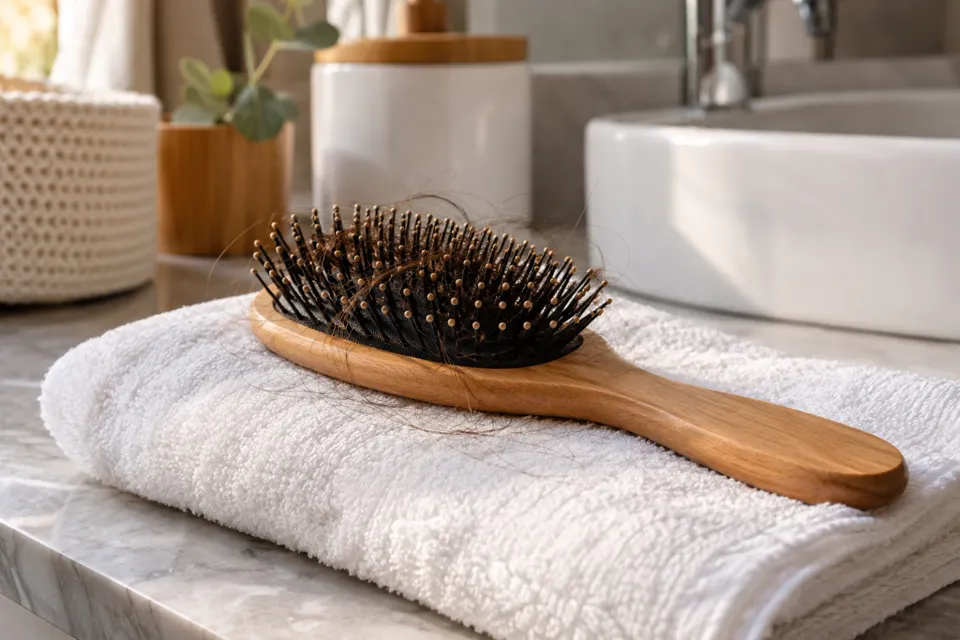 Cepillo de pelo apoyado sobre una toalla blanca en un baño