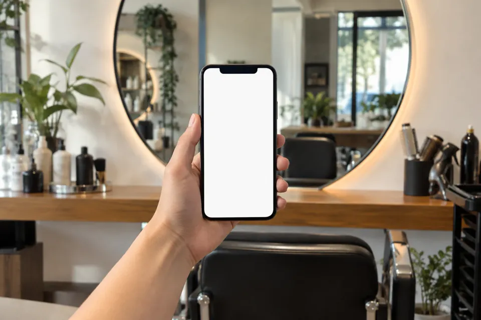 Celular en la mano frente al espejo de una peluquería