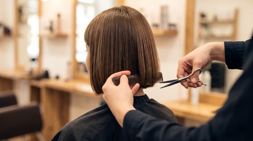 Peluquera marca con el peine el largo de un bob a la altura del mentón
