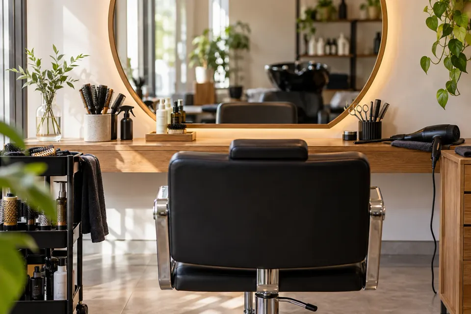 Sillón vacío y herramientas de una estilista frente al espejo