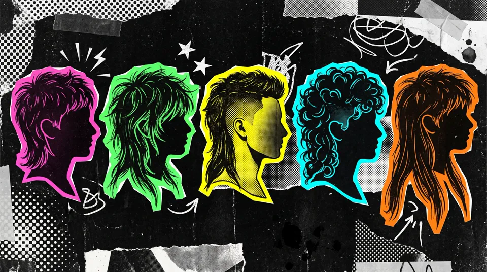 Cinco variantes del mullet en siluetas estilo años ochenta