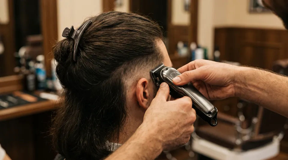 Barbero haciendo el degradé lateral de un mullet