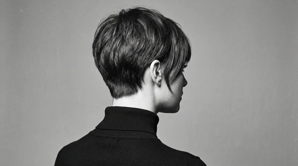 Pelo corto estilo pixie con flequillo de costado, en blanco y negro