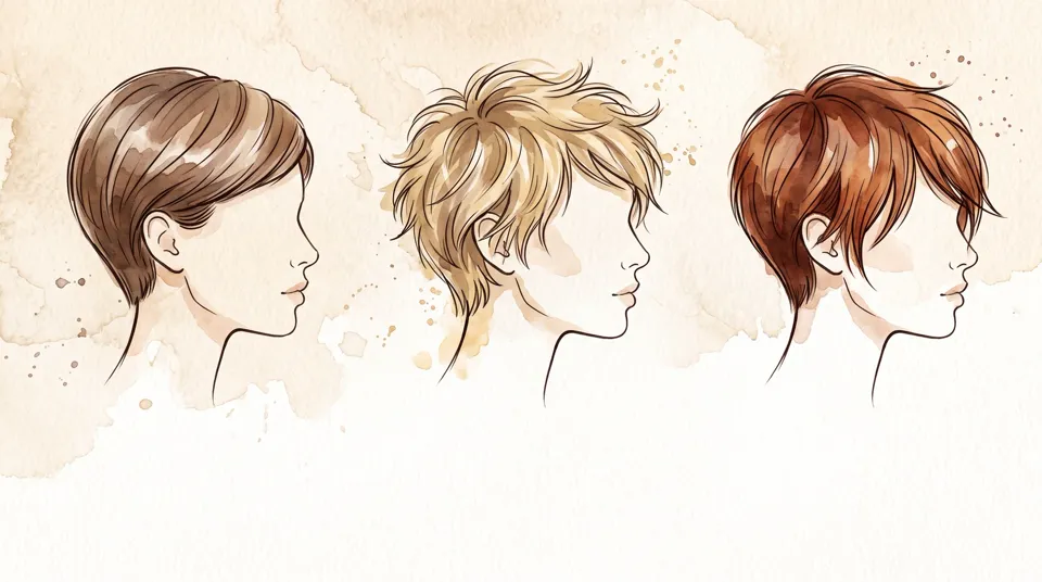 Tres variantes del corte pixie dibujadas de perfil