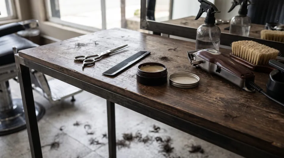 Herramientas de peluquería y mechones cortos después de un pixie