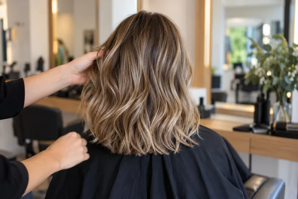 Pelo a la altura del hombro con capas y ondas, de espaldas