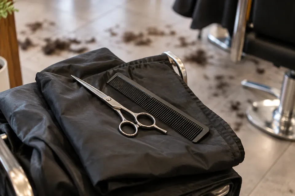 Tijeras y peine sobre una capa de peluquería
