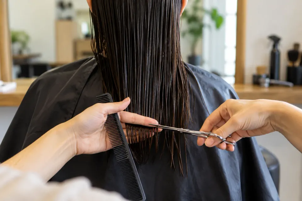 Peluquera cortando las puntas de un pelo largo mojado