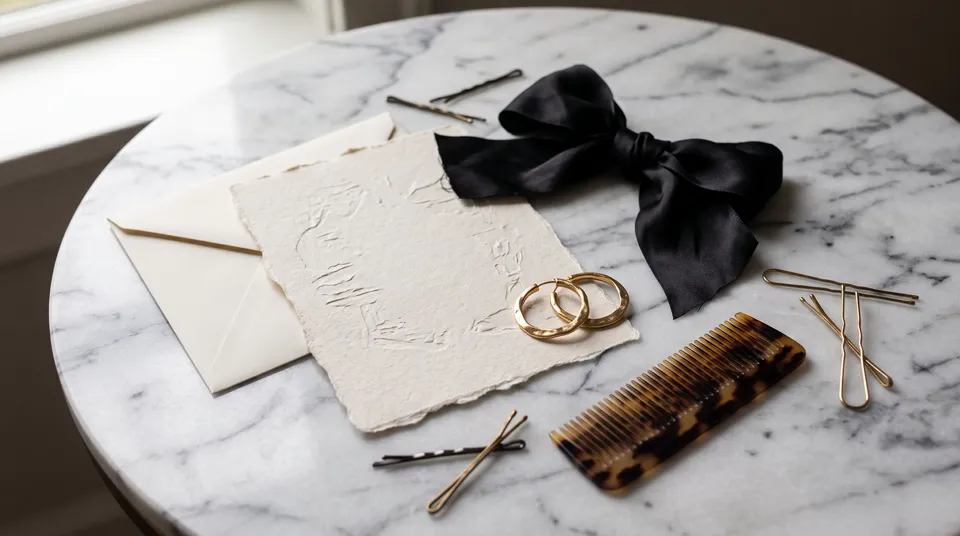 Invitación, moño negro, aros y horquillas sobre una mesa de mármol