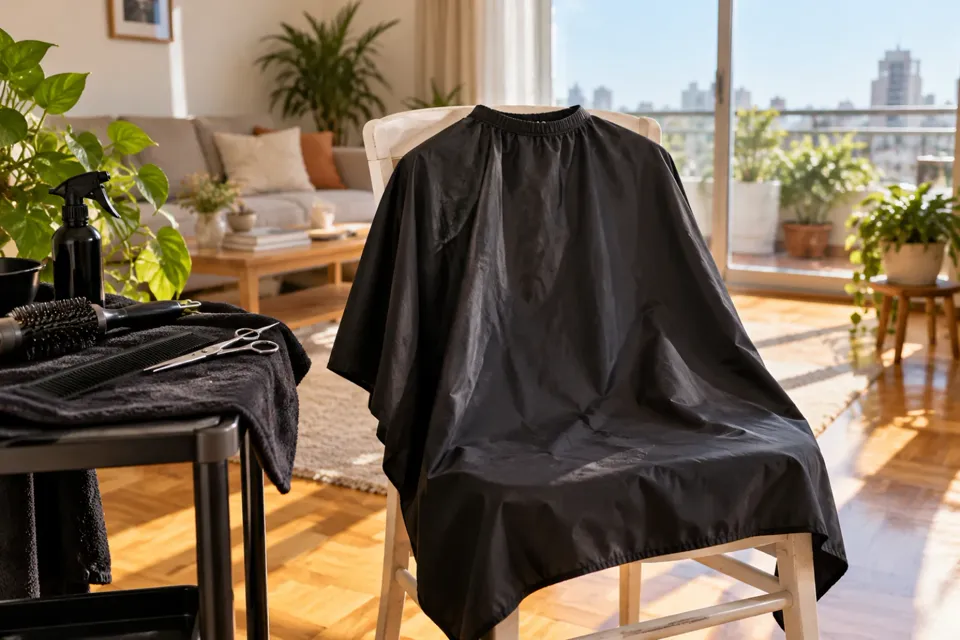 Silla con capa de peluquería en un living