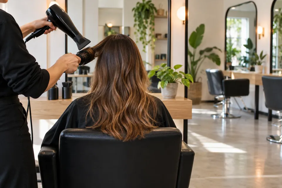 Estilista secando con secador y cepillo el pelo largo de una clienta, de espaldas, en una peluquería luminosa