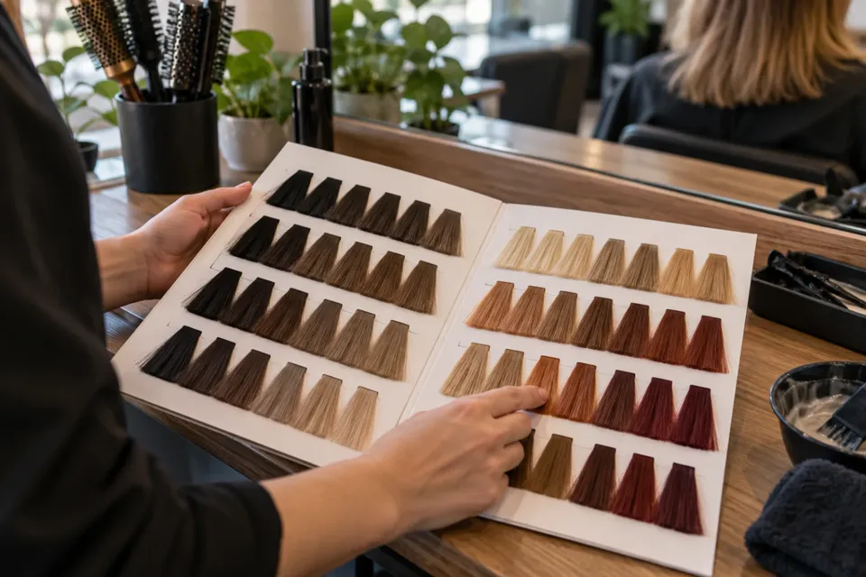 Manos señalando una carta de colores de tintura en una peluquería