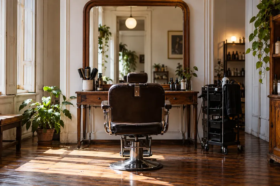 Peluquería en un edificio antiguo con sillón vacío