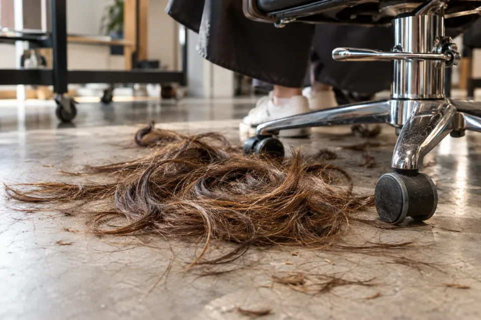 Mechones largos cortados en el piso de una peluquería