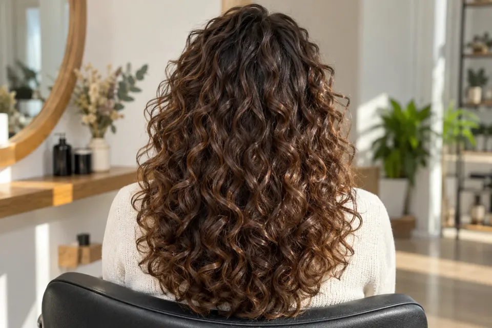 Pelo rizado y voluminoso visto de espaldas