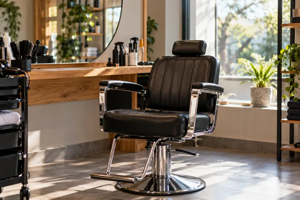 Sillón de peluquería vacío junto a una ventana