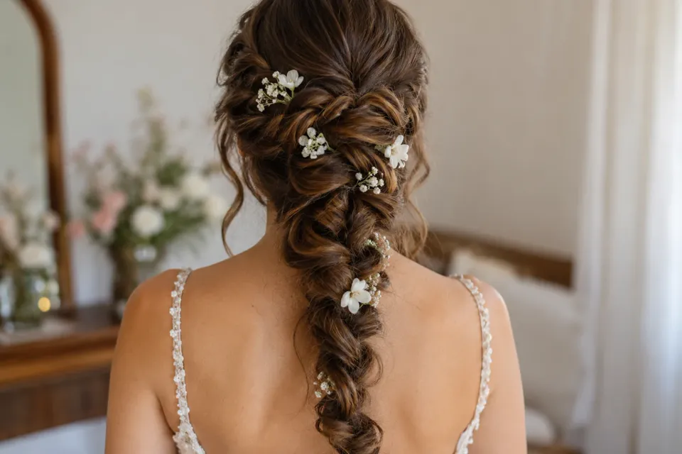 Trenza de fiesta con flores pequeñas, de espaldas