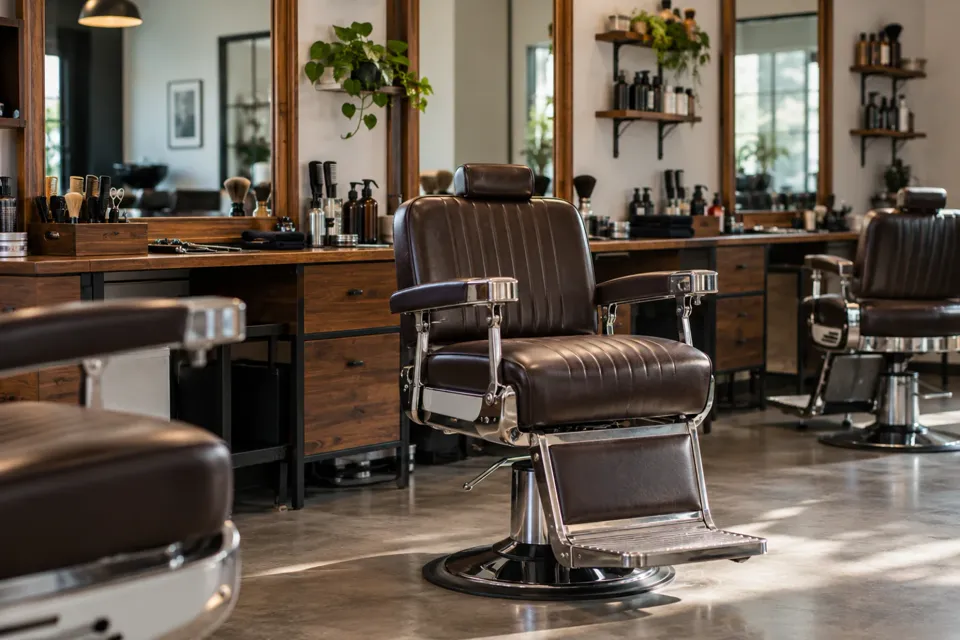 Barbería con sillones de cuero y herramientas ordenadas
