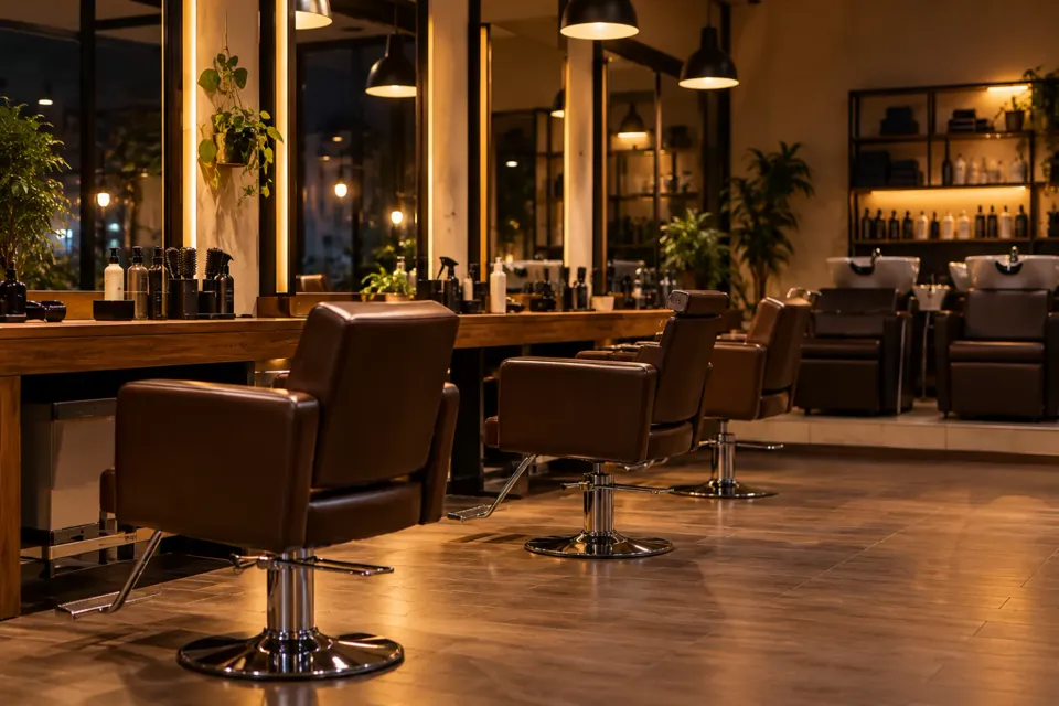 Peluquería iluminada de noche con sillones vacíos