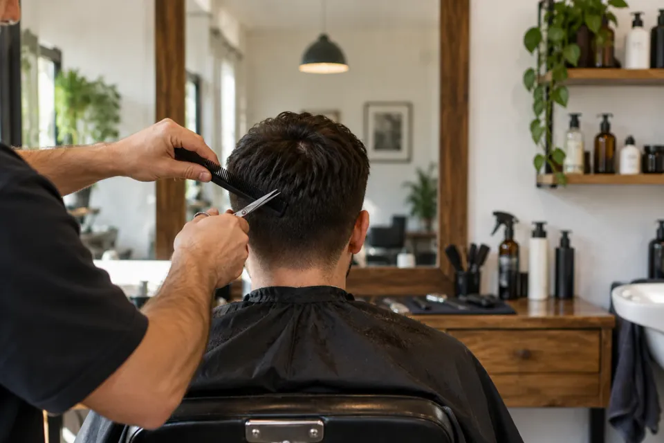 Peluquero cortando el pelo a un cliente de espaldas en una peluquería de barrio