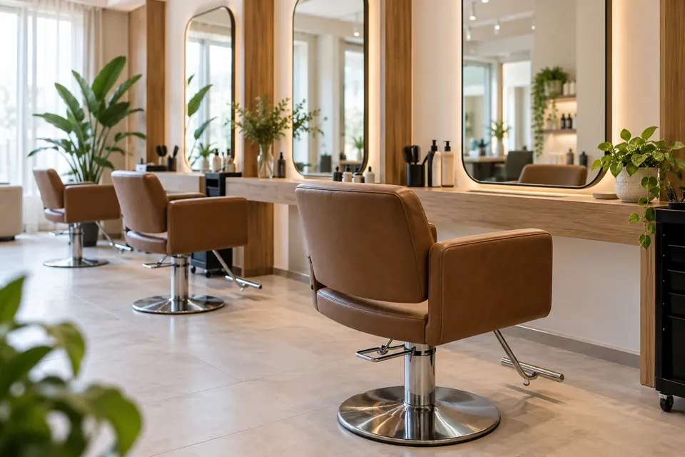 Peluquería moderna con sillones vacíos frente a espejos