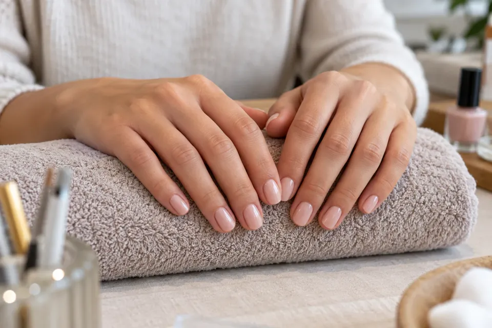 Manos con uñas recién pintadas sobre una mesa de manicura