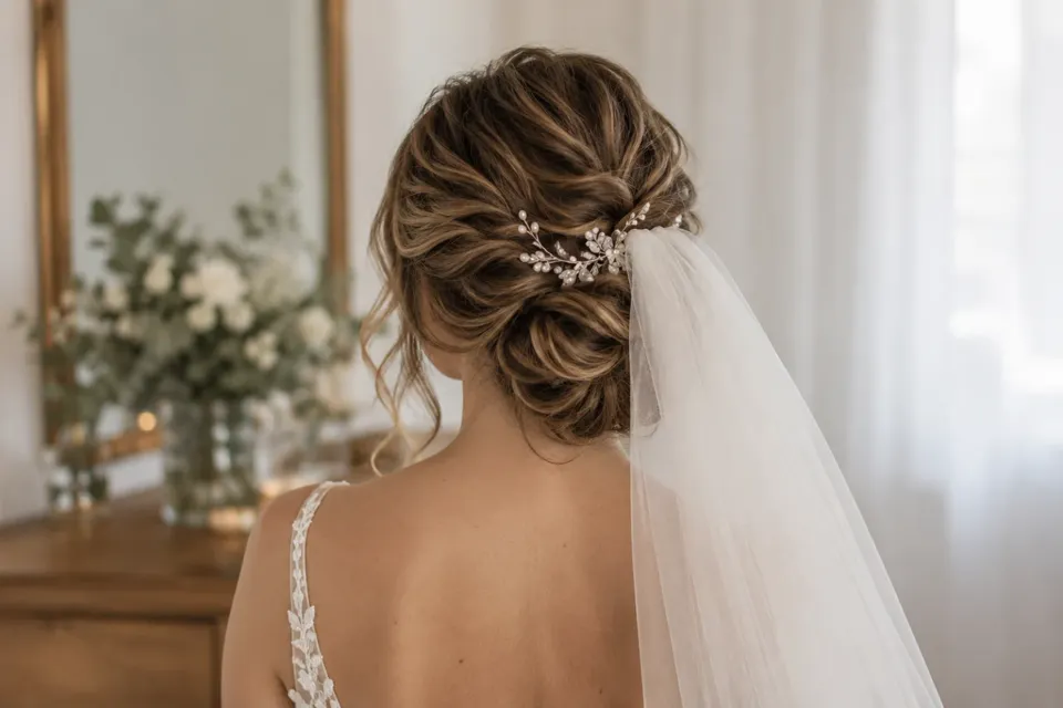 Recogido de novia con velo, de espaldas