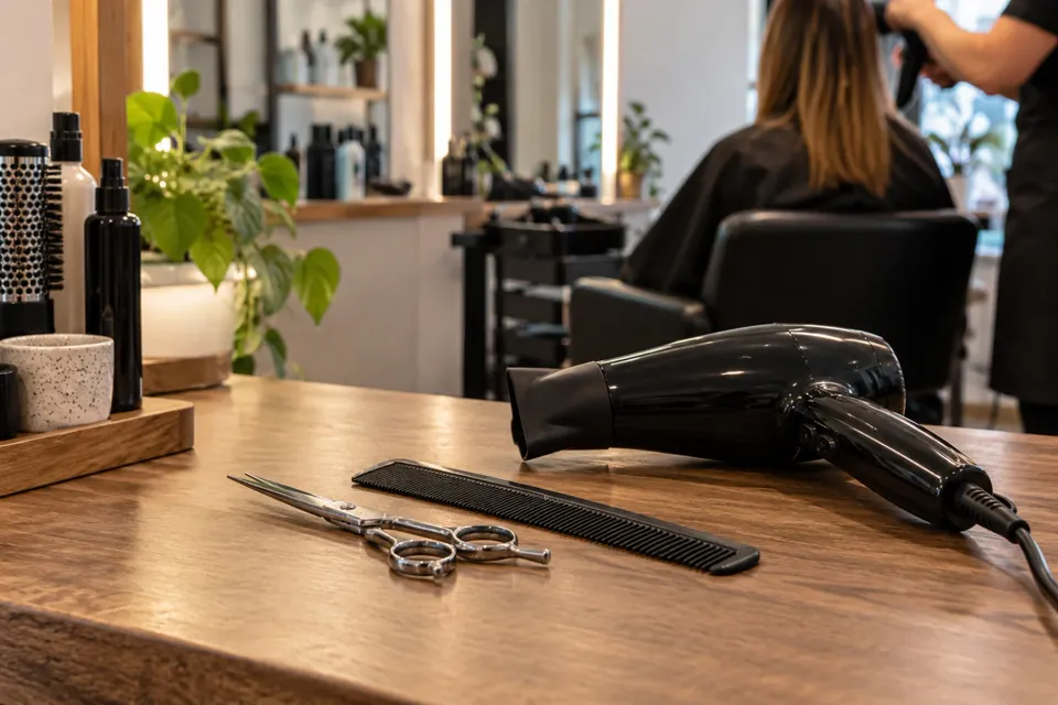 Herramientas de peluquería con sillón y espejo de fondo
