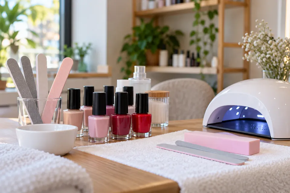 Mesa de manicura con esmaltes, lámpara y limas